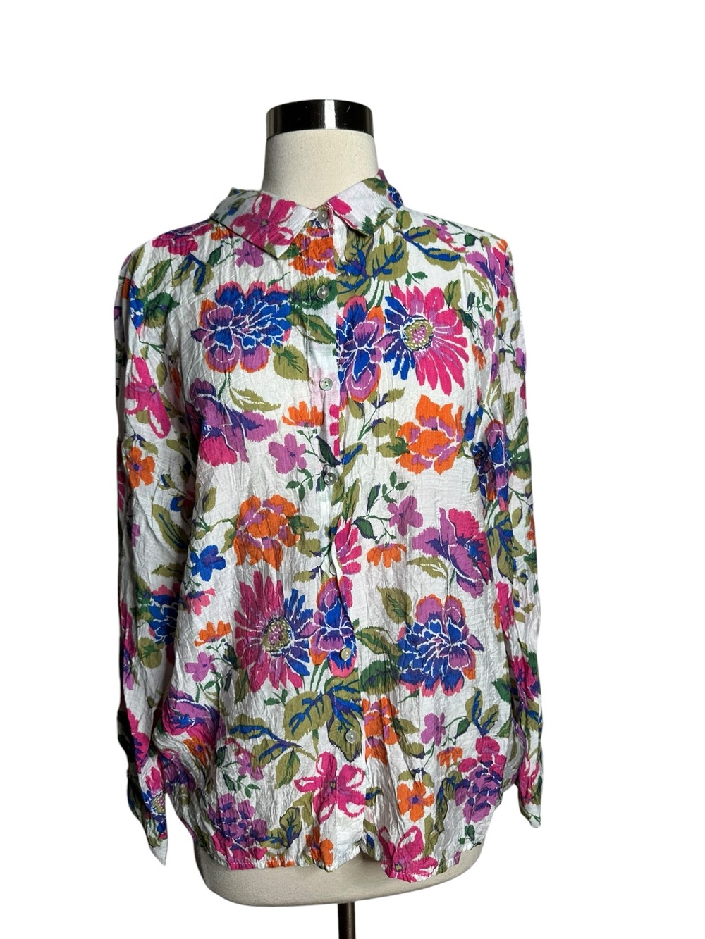 Easy Clothes Floral Crinkle Button Up Blouse Boho Watercolor Long Sleeve Top M